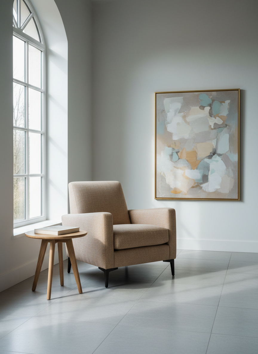 A quiet, elegant interior with soft natural light, a linen armchair near a window and a closed book on a side table — calm and spacious.
